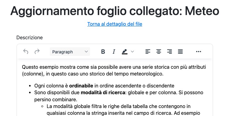 Screenshot parziale della modifica di un foglio (meteo) con il campo descrizione valorizzato