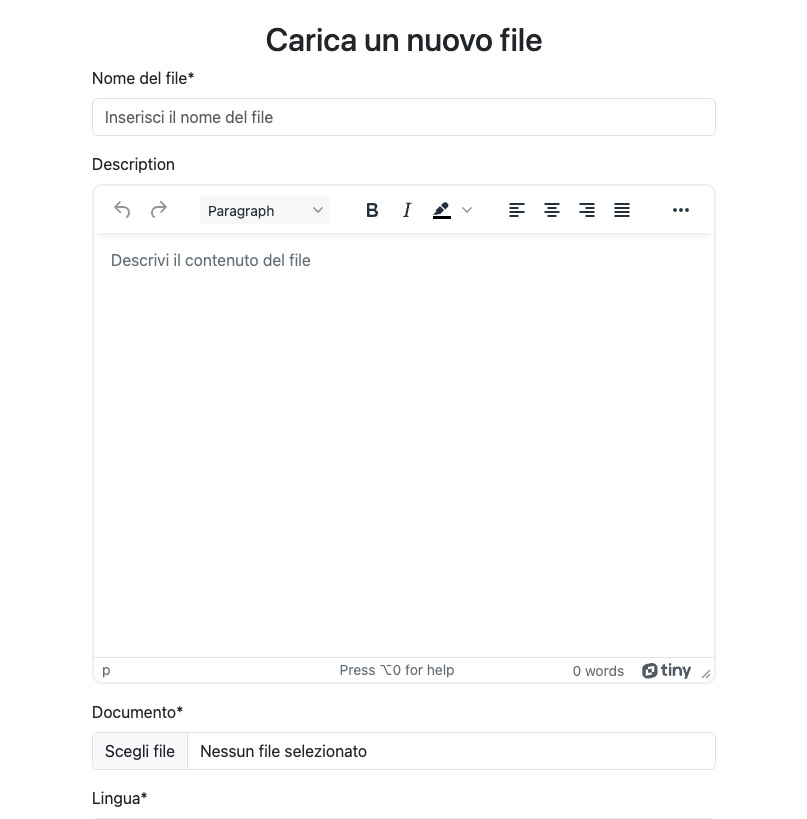 Parte di un form di caricamento di un nuovo file excel dalla schermata del profilo