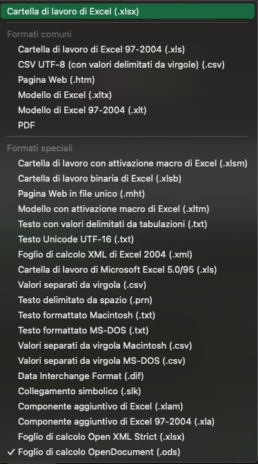 Menu a tendina di salvataggio di Microsoft Excel con evidenziato il formato xlsx Cartella di lavoro