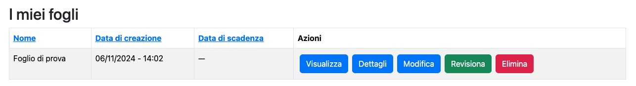 Parte della pagina del profilo con visualizzata la lista di fogli. Al momento ne è presente solo uno chiamato Foglio di prova