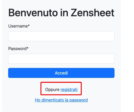 Form di accesso all'area riservata di ZenSheet con evidenzato il link registrati