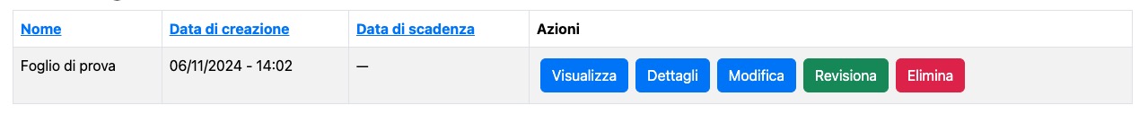 riga della tabella che visualizza il nome del foglio con le azioni disponibili